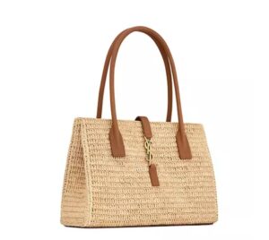 Natural Brick Saint Laurent Tote Bag in Raffia and Leather